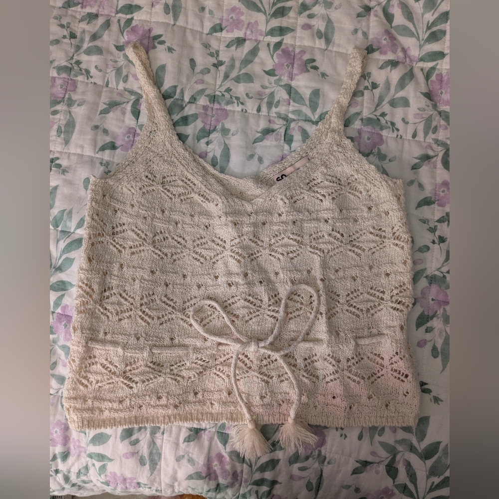 SO Women's Small White Knit Boho Tie V Neck Tank Top